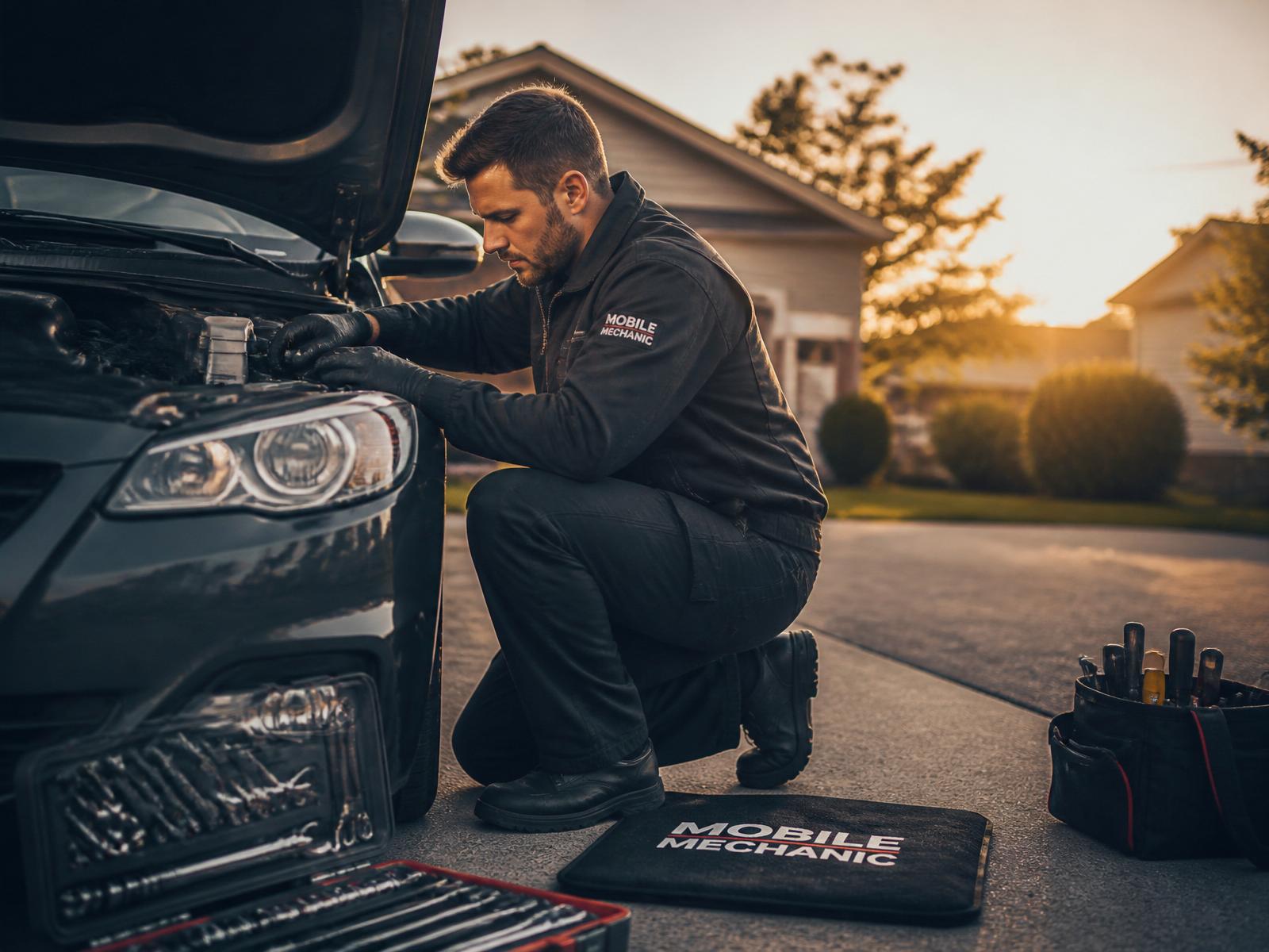 Mobile mechanic servicing a vehicle in a driveway